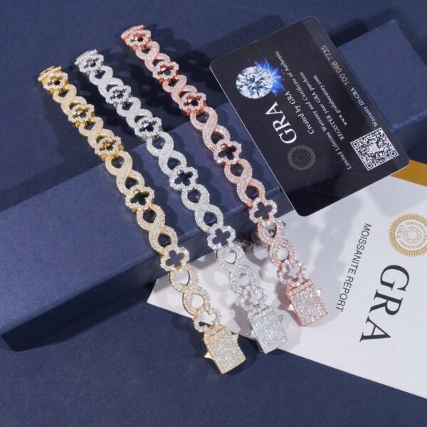 13mm Clover Cuban Chain S925 VVS Synthetic Moissanite Hip Hop Tennis Bracelet - Image 3